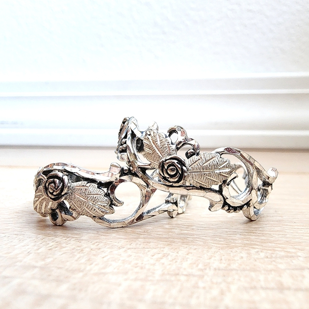 Vintage 1980s Sterling Rose and Leaf Hoop Earrings